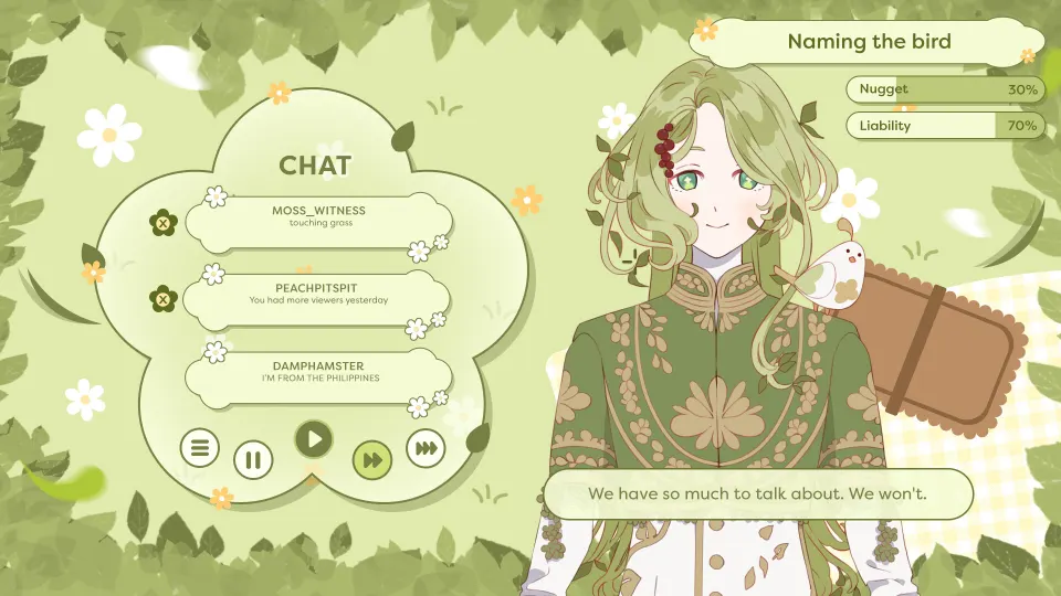 A plant-themed VTuber live on stream, with chat messages beside her