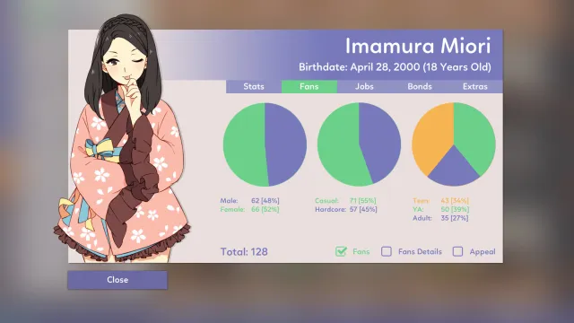 An idol's profile with fan demographic charts
