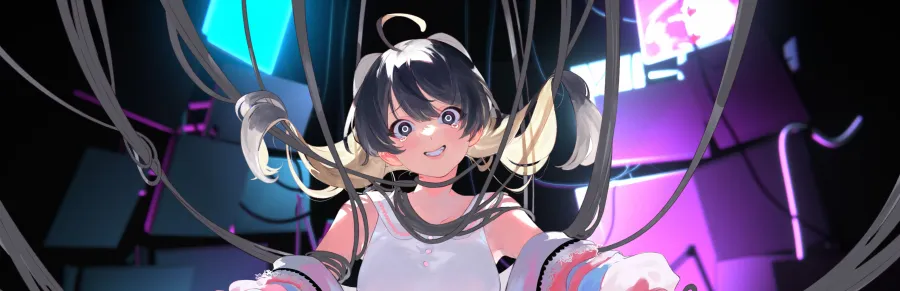 Key art: a streamer tangled in cables in front of neon screens